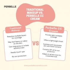 Traditional makeup involves multiple steps with foundation, concealer, and powder, offering full coverage. Perbelle CC Cream, on the other hand, combines skincare and makeup, providing lighter coverage, correcting skin tone, and offering hydration in one easy step.