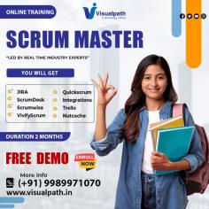 Visualpath is Best  institute in Hyderabad  offers top Scrum Master Course with real-time expert instructors, highly skilled and certified trainers with 10+ years of experience. and hands-on projects. Scrum Master Training, from industry experts and gain experience. We provide to individuals globally in the USA, UK, Canada, Dubai, and Australia, etc. To schedule a demo, call +91-9989971070. Course Covered: Jira, Scrumwise, VivifyScrum, Quickscrum, Trello, Asana, Collaboration, Axosoft, Nutcache, Whatsapp:  https://www.whatsapp.com/catalog/919989971070 Visit our Blog: https://visualpathblogs.com/ Visit: https://www.visualpath.in/online-scrum-master-course.html