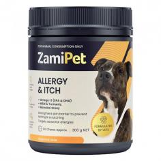 ZamiPet Allergy & Itch Supplement is specially formulated to control various skin-related conditions in dogs. It is especially helpful in skin conditions like itching, scratching, and licking caused by atopic dermatitis, and allergens such as pollen, plants, grasses, dust mites, and food. It helps alleviate allergy symptoms in dogs, including itching, scratching, redness, and inflammation. The supplement also supports healthy skin barrier function and moisture retention to help reduce the likelihood of future skin flare-ups and seasonal allergies in dogs.