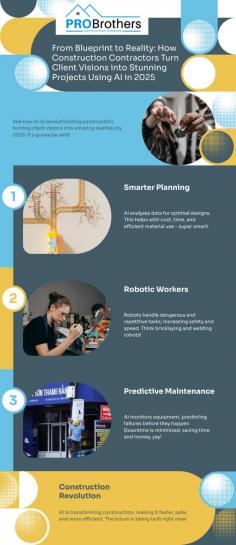 In a bright infographic this is how construction contractors in 2025 use AI to make their clients’ most-wanted homes a reality. Using bold images and to-the-point data, it highlights the AI tools like virtual design, drone monitoring, predictive scheduling that will change construction. Great for at-a-glance information, it’s also a great overview of how contractors are getting things done smarter and better, with greater precision, and greener. Watch how smart technology translates into beautiful results from design to build. Perfect for clients and enthusiasts, this infographic summarises the future innovativeness of 2025’s construction industry - as we see why AI-driven builders are creating the future with client-facing, jaw-dropping builds.