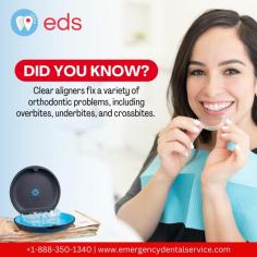 Did you know? Clear aligners are a flexible orthodontic option that can efficiently treat a variety of tooth problems, including overbites, underbites, and crossbites. These custom-fit aligners gently move teeth into the ideal position and offer an easy alternative to traditional braces for a healthier, more aligned smile. Schedule an appointment at 1-888-350-1340.