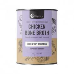 Support immunity and energy with Nutra Organics Chicken Bone Broth Powder Adaptogenic Mushroom 125g. A nourishing blend of herbs, mushrooms, and nutrients. Nutra Organics Chicken Bone Broth Immune Gut Wellbeing Powder is a perfect way to provide essential nutrients and maintain overall health and well-being.