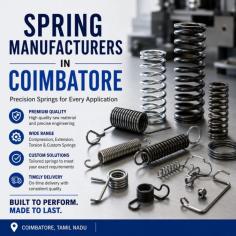 We specialize in manufacturing high-quality springs for various industrial applications, focusing on precision, durability, and performance. As one of the trusted spring manufacturers in Coimbatore, we deliver customized solutions tailored to customer requirements. Our commitment to quality, timely delivery, and innovation ensures complete satisfaction across diverse industries.