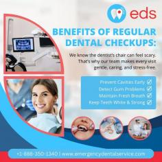 Regular Dental checkups | Emergency Dental Service
Don't let dental anxiety stop you from having a healthy smile! Regular checkups are key to preventing cavities, detecting gum problems, and keeping your teeth white and strong. Our team ensures every visit is gentle, caring, and stress-free. Schedule an appointment at 1-888-350-1340.