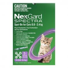 NexGard Spectra for Cats is a comprehensive and advanced parasite protection spot-on solution designed specifically for cats and kittens. It has been formulated using the combination of three active ingredients; esafoxolaner, eprinomectin, and praziquantel. This innovative product offers a wide range of benefits to keep your cat healthy and protected. It provides powerful defense against fleas, ticks (paralysis ticks, bush ticks, and brown dog ticks), ear mites, notoedric mange and intestinal worms, including roundworms, hookworms, lungworms and tapeworms (flea tapeworm, cat tapeworm). Moreover, it is also effective in preventing heartworm disease caused by Dirofilaria immitis and controlling flea allergy dermatitis (FAD). With just one monthly application, you can ensure that your cat remains protected from all the common ecto-and endo-parasites.