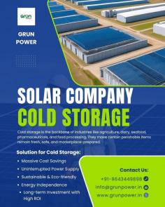 Cold storage is essential for industries such as agriculture, dairy, seafood, pharmaceuticals, and food processing, helping preserve perishable products and maintain their quality. However, high electricity costs, rising energy demands, and frequent power interruptions can significantly affect cold storage operations, especially in regions like Uttar Pradesh. Grün Power provides customized solar energy solutions designed specifically for cold storage facilities. As a reliable solar company for cold storage, we help businesses reduce electricity expenses, improve energy reliability, and adopt cleaner power solutions. Our high-efficiency solar systems are designed for dependable performance, durability, and long-term savings. Whether you operate a small cold room or a large commercial storage facility, Grün Power can help you choose a suitable solar solution based on your energy requirements. Switch to solar and make your cold storage operations more efficient, cost-effective, and sustainable with Grün Power.